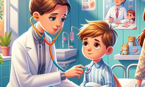 Pani Doktor Ania to kobieta w wieku około trzydziestu lat, z brązowymi włosami związanymi w kok, nosząca nieskazitelną białą bluzę i kolorowy stetoskop na szyi. Uśmiecha się ciepło i życzliwie, pochylona nad małym chłopcem, gotowa go zbadać, z wyrazem koncentracji i delikatności na twarzy. Mały chłopiec, Tomek, ma około 7 lat, z rozczochranymi blond włosami i rumianymi policzkami od gorączki. Leży na łóżku do badania, otoczony kolorowymi kocami, i patrzy na Panią Doktor Anię z mieszanką niepokoju i nadziei. Jego mama, kobieta w wieku około trzydziestu lat, stoi obok niego, z kasztanowymi włosami i zaniepokojonym spojrzeniem, trzymając rękę syna, aby go uspokoić. Scena rozgrywa się w jasnej i przyjaznej klinice, z niebieskimi pastelowymi ścianami, edukacyjnymi plakatami o zdrowiu na ścianach i kolorowymi zabawkami rozsypanymi po podłodze. Okno wpuszcza światło słoneczne, tworząc ciepłą i pocieszającą atmosferę. Główna sytuacja pokazuje Panią Doktor Anię badającą Tomka, który jest chory, podczas gdy jego mama wspiera go z czułością. Ania używa stetoskopu, aby posłuchać serca Tomka, opowiadając mu jednocześnie historię, aby go odwrócić uwagę i uspokoić.