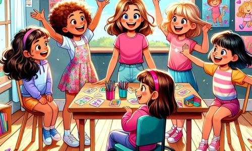 Em uma sala de aula colorida, cinco meninas estão reunidas ao redor de uma grande mesa de madeira. Lila, de 10 anos, com cabelos cacheados e castanhos, usa uma camiseta rosa e jeans, sorrindo alegremente com um microfone. Mia, também de 10 anos, com cabelos longos e loiros, veste um vestido florido e dança entusiasticamente. Tia, de 10 anos, com cabelos curtos e castanhos, está em sua cadeira de rodas, vestindo um moletom azul e mostrando um baralho de cartas para fazer mágica. Ana, de 10 anos, com cabelos lisos e negros, está ao lado de Tia, aplaudindo com um grande sorriso, vestindo uma camiseta verde. Carla, a professora, é uma mulher na casa dos trinta anos, com cabelos castanhos e óculos, observando com um olhar gentil. A sala está decorada com pôsteres coloridos, mesas de madeira e janelas que deixam entrar a luz do sol. Materiais escolares estão espalhados pela mesa, criando um ambiente criativo. As meninas se preparam para uma apresentação de talentos, cantando e dançando, enquanto Tia exibe seus truques de mágica. A atmosfera é alegre e cheia de energia, com risadas e aplausos ao fundo.