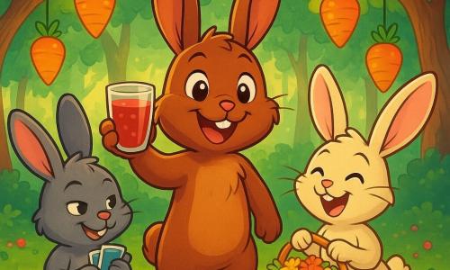 Basil, a small rabbit with shiny chestnut fur and sparkling eyes, stands in the center of an enchanted clearing, holding a glass of berry juice and smiling broadly. Next to him, Hazel, a cream-furred bunny with large ears, joyfully laughs while holding a basket filled with colorful dandelions, her eyes shining with excitement. Mossy, a gray rabbit with a mischievous look, stands slightly back, holding a stack of joke cards, ready to make everyone laugh with his cheeky grin. The clearing is surrounded by majestic trees with emerald green leaves, and paper lanterns shaped like radishes hang from the branches, casting a soft golden light over the scene. The ground is covered with green moss dotted with colorful berries and sparkling pebbles. The main scene shows Basil raising his glass for a toast, surrounded by his friends, all gathered to celebrate his birthday in a festive and warm atmosphere filled with laughter and joy.