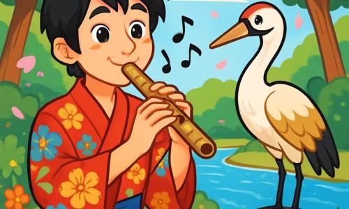 A young man named Hiro, about 18 years old, stands by a sparkling river, his face shining with curiosity and wonder. He has silky black hair, joyful sparkling eyes, and wears a traditional kimono with colorful floral patterns. Hiro plays his bamboo flute, creating a soft melody that dances in the air. Beside him, an elegant crane with white and golden feathers stands on a smooth stone, watching Hiro wisely. The crane appears serene, its eyes bright with intelligence, as if sharing an ancient secret. The setting is a lush forest with majestic trees and vibrant green leaves, while cherry blossom petals gently fall around them, adding a touch of magic to the environment. The crystal-clear river reflects the sunny sky, and the banks are lined with colorful wildflowers. The main scene shows Hiro captivated by the beauty of nature, playing his flute, while the crane encourages him to listen to the whispers of the forest, symbolizing the quest for wisdom and joy.