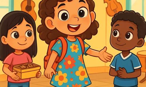 An 8-year-old girl, Maya, with curly brown hair and sparkling curious eyes, stands at the center of the scene. She wears a colorful dress with floral patterns and a small backpack. Her face expresses determination and joy as she reaches out to a group of children. To her left is Lina, an 8-year-old girl with straight black hair and caramel skin, shyly smiling while holding a box of cinnamon-flavored cookies. She wears a pink t-shirt and jeans. To her right is Jamal, a 9-year-old boy with curly hair and dark skin, looking at Maya with admiration, wearing a blue football jersey. The setting is the music room of a community center, with pastel yellow walls, musical instruments hanging on the walls, and beams of light filtering through large windows, illuminating the light wooden floor. The main situation shows Maya encouraging her friends to share and apologize after a misunderstanding. The children gather around a small carpet, ready to perform a play about friendship and understanding, with smiles and friendly gestures.
