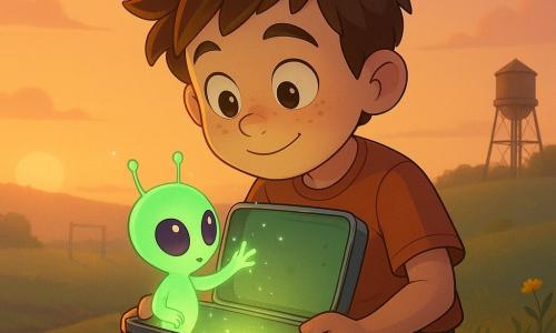 A 10-year-old boy with a round face, freckles, tousled brown hair and big curious eyes smiles shyly, holding a slightly dented metal lunchbox against his chest; the open box emits a soft greenish glow and tiny sparks, and an apple-sized pale translucent green alien with large shiny purple eyes and thin antennae half-hidden inside taps the lid with tiny luminous fingers. The scene is a small grassy hill at dusk with short grass, dry soil, a few yellow flowers, a distant rusty water tower and a sparkling river; the boy is crouched listening as the box taps in Morse while faint mist and orange sunset rays illuminate the scene.