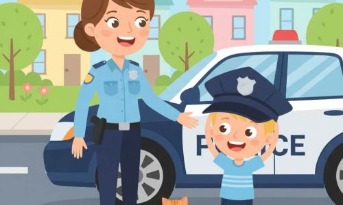 A smiling, kind female police officer with brown hair in a bun, wearing a clean light-blue uniform with a silver badge, stands beside a shiny dark-blue police car reaching out to help; a 5-year-old blond boy named Timmy laughs to her right while wearing an oversized police cap; a curious orange-and-white tabby kitten sits on the curb watching; sunny neighborhood street with a wide sidewalk, pastel houses, round green trees and simple flowers; joyful, playful, reassuring scene with bright colors and simple shapes.