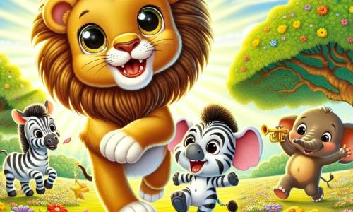 Un piccolo leone dagli occhi grandi e brillanti e dalla criniera dorata, radioso di gioia, corre a tutta velocità attraverso un campo di fiori colorati, con un grande sorriso sul volto. Accanto a lui, una piccola zebra dalle strisce nere e bianche, con uno sguardo birichino e un sorriso splendente, salta gioiosamente in aria, pronta a unirsi a lui nella corsa. Non lontano, un elefante dalle grandi orecchie e dalla pelle grigia, con un'espressione amichevole e divertita, suona la tromba con entusiasmo, mentre una piccola scimmia dai peli marroni, appesa a un ramo d'albero, ride e agita banane in aria. Il luogo è un vasto campo soleggiato, punteggiato di fiori brillanti di tutti i colori, con un grande albero ombreggiato sullo sfondo, dove i raggi del sole filtrano tra le foglie. La scena principale mostra il piccolo leone e i suoi amici in una festa di compleanno, che corrono e giocano insieme, circondati da risate e gioia, celebrando la loro amicizia in un ambiente incantevole.