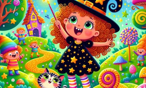 A 7-year-old apprentice witch, Wanda Wobbleboots, with curly hair and a big joyful smile, stands in the center of the image with her arms raised, her magic wand sparkling with bright colors. She wears a black dress adorned with golden stars and mismatched boots, looking both surprised and amused. Next to her is her best friend, Pickles, a talking cat with striped fur and a rainbow feather-shaped tail, perched on her shoulder with wide curious eyes. The setting is the enchanted village of Higgledy-Piggledy, featuring wavy-shaped houses, trees with shimmering leaves, and clouds raining colorful candies. In the background, laughing gnomes juggle candies while trolls play hopscotch on giant mushrooms. The main scene shows Wanda casting a spell, causing magic sparks that turn the villagers' hair into colorful spaghetti, while everyone laughs and enjoys themselves around her.