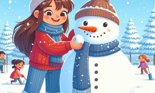 A 9-year-old girl, Lucy, with long brown hair and rosy cheeks, smiles joyfully as she builds a large snowman in a snowy park. She wears a bright red sweater, corduroy pants, and a blue scarf that flutters in the wind. Next to her, her father, a man in his thirties with a brown beard and a warm smile, rolls a large snowball for the base of the snowman. Her mother, a woman in her thirties with brown hair and a knitted hat, holds a carrot for the nose, ready to add it to the snowman. The park is filled with fresh snow, with trees covered in sparkling frost and snowflakes gently falling from the light blue sky. In the background, other children play, having snowball fights and sledding, creating a festive and joyful atmosphere. The scene captures the magical moment when the family comes together to create their snowman, symbolizing love and joy of winter.