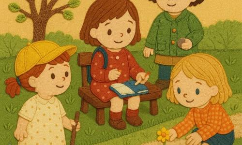 Są cztery dziewczynki około 3 lat: Ala — w kucykach, żółta czapeczka, jasna sukienka, trzyma patyczek i patrzy w lewo; Basia — krótkie brązowe włosy, zielona kurtka, trzyma gładki kamyk i stoi za ławką po prawej od Dory; Celinka — blond włosy, różowe kalosze, kuca po prawej i dotyka małego żółtego kwiatuszka; Dora — włosy kasztanowe, mały niebieski plecaczek, siedzi na środku na drewnianej ławce, przykleja suche płatki do niebieskiego notesu. Miejsce: stylizowany wiosenny park z trawiastym obszyciem, jasną żwirową alejką, brązową materiałową ławką, drzewem z zielonymi pąkami i miodowym niebem; atmosfera spokojna, dotykowa, widoczne faktury tkanin i szwy, żywe kolory i ciepłe popołudniowe światło.