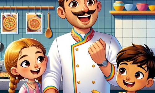 Chef Andrei, un bărbat de aproximativ patruzeci de ani cu părul brun și o mustață bine întreținută, poartă o vestă albă de bucătar și un șorț colorat. Zâmbește entuziast, cu ochii strălucind de bucurie, în timp ce le arată copiilor cum să pregătească o pizza delicioasă. Lângă el, o fetiță de 8 ani cu gene lungi și părul blond împletit observă cu atenție, ținând un sucitor în mâinile ei mici. Un băiat de 7 ani cu părul castaniu și obrașii rotunzi presară făină pe masă, râzând de fericire. Scena se desfășoară în bucătăria animată a restaurantului 