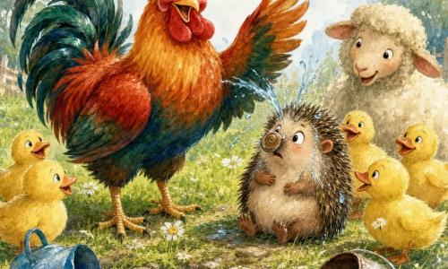 A glowing red rooster, joyful and exuberant with shiny red-orange-green feathers and a proud crest, balances a small shiny pebble on its head while raising a wing to display it; beside him sits Humphrey, a shy hedgehog with brown-and-cream quills and a slightly wet, amazed look, holding a snail shell on his nose after a splash; a few round yellow ducks and a woolly sheep form a semicircle behind them watching; the scene is at the edge of a small farm pond with blue-green sparkling reflections, lily pads, wet grass dotted with daisies, an overturned blue watering can and a rusty metal bucket in the grass, capturing a moment of joyful surprise with small splashes and visible watercolor textures.