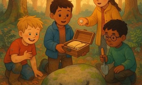 Vier Kinder: Jonas, etwa 11, kurze braune Haare, abgenutzte blaue Jacke und schlammige Stiefel, hält eine kleine Holzschatulle vor einem flachen Felsen; Ben, etwa 11, blond, rotes schmutziges T‑Shirt, hockt links, wischt sich lachend die Hände ab; Mika, etwa 11, schwarze Haare, runde Brille, grüner Pullover, rechts, mit einer kleinen Metallschaufel, konzentriert auf die Schatulle; Luisa, etwa 10, hellbraune geflochtene Haare, gelber Mantel, steht leicht zurück und hält eine glänzende Glasperle in der Hand; Schauplatz: kleiner Hain alter Eichen, feuchter Laub‑ und Moosteppich, Farn und flechtenbedeckte Steine, ein flacher Felsen mit kerbenartigem "Lächeln", sanftes Spätnachmittagslicht; Szene: die Kinder haben unter dem Felsen eine alte Schatulle entdeckt, die geöffnet ein vergilbtes Buch und Perlen zeigt, Hände greifen nach dem Schatz, kleine Werkzeuge (Schaufel, Seil) liegen daneben, stille, warme Abenteuerstimmung.