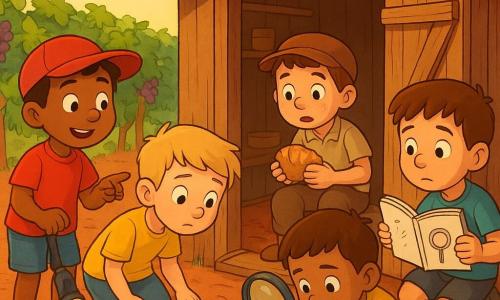 Sechs Kinder: Jonas (Junge, ~6) mit roter Kappe, lächelnd links vor der Hüttentür, zeigt neugierig auf das Brot; Emil (Junge, ~6) mit blonden Haaren und kleiner Lampe am Gürtel, neben Jonas, beugt sich und untersucht Krümel am Boden; Ben (Junge, ~6) mit braunen Haaren hält ein aufgeschlagenes Heft, rechts von Jonas, liest eine Skizze von Hinweisen; Luis (Junge, ~6) mit kastanienbraunen Haaren und großer runder Lupe hockt vorne in der Mitte und untersucht Fußspuren; der Junge, der das Brot genommen hat (Junge, ~6) mit etwas schmutzigem Gesicht sitzt in der Hütte am Holztisch, hält ein Brötchen, wirkt überrascht und beschämt; die kleine Schwester (Mädchen, ~3) im einfachen Kleid, mit Zöpfen, sitzt auf einer Decke neben dem Jungen, hält eine Puppe und schaut mit großen traurigen Augen. Ort: kleine hölzerne Gartenhütte mit halb geöffneter Tür, rustikale Bretter und Regal mit Töpfen, umgeben von Reihen grüner Weinreben mit glänzenden Blättern und violetten Trauben, roter Erd­boden mit einigen Blättern und Krümeln. Szene: Die vier kleinen Detektive entdecken den Jungen in der Hütte mit dem Brot; Gefühle von Überraschung, Mitgefühl und dem Entschluss zu helfen; warme Morgenbeleuchtung, lange Schatten, freundliche Atmosphäre, kräftige Kontraste und detaillierte Texturen von Holz, Stoff und Blättern.