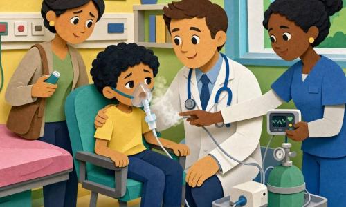 A smiling, calm male doctor with short brown hair, a clean white coat and blue stethoscope kneels with a gentle hand on the shoulder of a roughly 7-year-old boy with curly black hair and tired but relieved eyes, who sits on a hospital chair wearing a transparent nebulizer mask and gripping the seat fabric; a worried but relieved mother in her mid-30s with hair in a bun stands slightly behind to the left holding an inhaler, while a female nurse in blue scrubs in her 30s with a slight smile stands to the right adjusting the mask and holding a small patient monitor with lit numbers. The bright, warm emergency room has pastel yellow and green walls with childlike posters, a pink exam bed, a gray rolling cart with an oxygen bottle and nebulizer, and a soft checkerboard floor. The main scene shows the doctor helping the boy breathe as the nebulizer emits a gentle vapor, the mother watching and the nurse preparing equipment, bathed in soft window light with a calming, caring atmosphere.