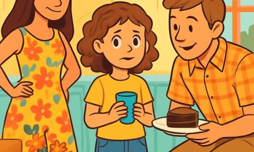 Uma menina de dez anos, com cabelos castanhos e cacheados, vestindo uma camiseta amarela e um short de jeans, está no centro da cena, com um sorriso tímido, mas determinado. Ela segura um copo de vidro azul nas mãos, olhando ao redor com olhos curiosos e um toque de preocupação. À sua direita, um homem de rosto suave, vestido com uma camisa xadrez e calças bege, se agacha para ficar à sua altura, com um olhar acolhedor e segurando um prato de bolo de chocolate. À sua esquerda, uma mulher com cabelos longos e lisos, vestida com um vestido florido, observa a cena com um sorriso terno, apoiando as mãos nos quadris. A cena ocorre em uma cozinha iluminada e acolhedora, com paredes pintadas de amarelo pastel e uma grande mesa de madeira decorada com flores frescas. A situação principal mostra a menina cercada por seus pais, compartilhando um momento de cumplicidade e carinho, ilustrando que, mesmo nas mudanças, a família permanece unida.