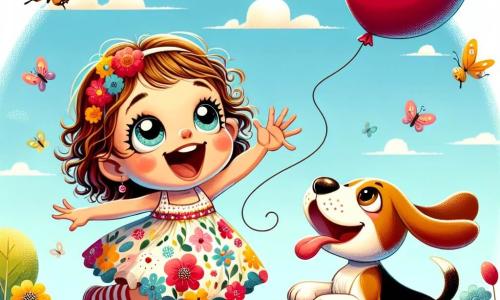 Una niña de 1 año, con grandes ojos brillantes y cabello rizado, sonríe alegremente levantando los brazos para atrapar un globo rojo que flota en el cielo azul. Lleva un vestido colorido con flores y calcetines a rayas, y su rostro expresa gran emoción. A su lado está Lucas, un perrito beagle con orejas largas y manchas marrones y blancas, que salta entusiasmado, moviendo su cola rápidamente, listo para ayudar a su mejor amiga a atrapar el globo. La escena tiene lugar en un jardín soleado, lleno de flores coloridas, árboles verdes y un cielo despejado, con mariposas volando alrededor, añadiendo un toque de magia al entorno. Sofía y Lucas saltan juntos, riendo e intentando atrapar el globo rojo que se eleva en el aire, simbolizando su alegre amistad y aventuras.