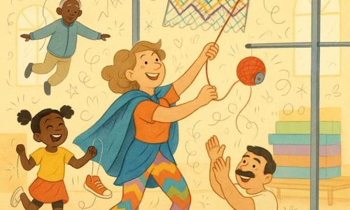 Una mujer heroína (la señora Brisa), divertida y sonriente, con una capa azul algo arrugada y ropa deportiva colorida, tira de un garfio hecho de una gran bola de hilo rojo y un botón brillante; sus ojos brillan y su rostro es confiado y travieso. A la izquierda, una niña de 8 años (Lila) con dos coletas sostiene una zapatilla volante atada a un hilo, ríe y salta mirando a la señora Brisa. Al fondo, un hombre de unos 70 años (señor del tai chi) de pelo gris y chaqueta suave flota ligeramente sujetado por un globo de helio, con los brazos extendidos para mantener el equilibrio. Un hombre de unos 40 años con un gran bigote hace abdominales en el suelo en la parte inferior derecha, aplaude y sonríe asombrado. En primer plano a la derecha, un perrito alegre muerde el extremo del hilo, con la cola alzada y las orejas erguidas. El gimnasio municipal es amplio y luminoso, con paredes en tonos pastel, farolas en forma de caramelos dibujadas al fondo, colchonetas apiladas y una gran barra metálica en el centro con telas multicolores colgadas. Escena principal: la señora Brisa tira del garfio rojo hacia la barra alta para descolgar un paño multicolor; hilos entrelazados forman una bonita tela en zigzag, ambiente festivo, colores cálidos, texturas de tela visibles y gestos alegres y dinámicos.