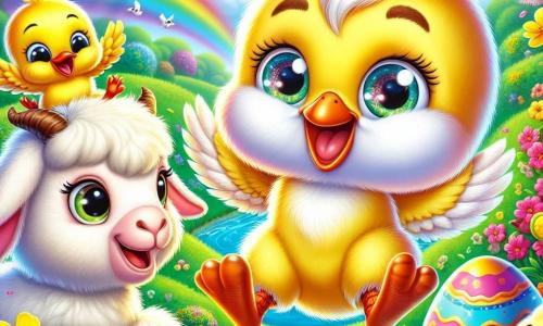 Un pequeño pollito amarillo llamado Pipo, con plumas suaves como el algodón y ojos chispeantes de emoción, vuela alegremente en un cielo azul claro, con una gran sonrisa en su rostro. A su lado, Lulú la dulce cabra, con su lana blanca y grandes ojos redondos, salta de alegría sobre la hierba verde, aplaudiendo con entusiasmo. Ramón el pato, con su plumaje amarillo brillante y su pico naranja, se encuentra sobre una piedra, riendo y haciendo muecas, añadiendo un toque de humor a la escena. Al fondo, un jardín colorido lleno de flores brillantes y un arcoíris resplandeciente se extiende sobre ellos, iluminando el paisaje. La situación principal muestra a Pipo descubriendo el magnífico huevo de Pascua de colores vivos, rodeado de sus amigos, todos celebrando juntos esta aventura mágica.