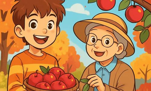 A 12-year-old boy, Eli, with messy brown hair and sparkling curious eyes, wears an orange striped sweater. He joyfully smiles while holding a wicker basket filled with shiny red apples, standing in a sunny garden. Next to him is his neighbor, Mrs. Duncan, an elderly woman with round glasses and a straw hat, smiling while holding a branch laden with apples. In the background, trees with golden and red leaves create a beautiful autumn scene. The sky is bright blue, and the ground is covered with crunchy leaves. Eli and Mrs. Duncan are picking apples together, enjoying the gentle warmth of the autumn sun.