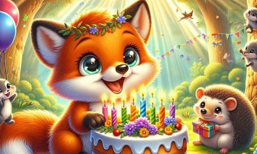 Ein kleiner orangefarbener Fuchs mit funkelnden Augen steht in der Mitte des Bildes und hält eine große Geburtstagstorte, die mit bunten Kerzen dekoriert ist. Sein strahlendes Lächeln zeigt seine Aufregung für diesen besonderen Tag. Neben ihm tanzt eine kleine graue Maus mit großen runden Ohren um die Torte, ihre kleinen Pfoten in die Luft erhoben, voller Energie und Freude. Ein Igel mit sanften, runden Stacheln steht etwas im Hintergrund, hält ein buntes Geschenk in seinen kleinen Pfoten und beobachtet die Szene mit einem warmen Lächeln. Die Szenerie spielt in einer sonnigen Lichtung im Herzen eines grünen Waldes, umgeben von majestätischen Bäumen mit leuchtend grünen Blättern und bunten Blumen, die im Wind tanzen. Sonnenstrahlen brechen durch das Laub und erhellen die Szene mit sanftem goldenem Licht. Die Hauptsituation zeigt den kleinen Fuchs, der seinen Geburtstag feiert, umgeben von seinen Freunden, die bereit sind zu singen und zu lachen, und eine festliche, fröhliche Atmosphäre voller Kameradschaft und Liebe schaffen.