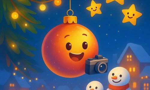 Een vrolijk en kleurrijk hoofdpersonage, Karel, een glinsterende kerstbal met een stralende glimlach, hangt aan een tak van een grote versierde kerstboom. Hij houdt een kleine oude camera vast en kijkt vol verwondering. Naast hem dansen fonkelende lichtslingers rond de takken en verlichten de scène met een warme gloed. Gouden sterren met glimlachende gezichten zweven erboven en kijken welwillend toe. Beneden, op de besneeuwde grond, is een kleine smeltende sneeuwpop met een expressief opgelucht gezicht herenigd met een grote glimlachende sneeuwpop, wat een familie van sneeuwpoppen compleet maakt. De scène speelt zich af op een pittoresk dorpsplein, bedekt met een zachte laag verse sneeuw, met op de achtergrond huizen versierd met fonkelende kerstverlichting. De hoofdsituatie toont het vreugdevolle moment waarop Karel en zijn vrienden de hereniging van de sneeuwpopfamilie vieren en deze kostbare herinnering vastleggen met de camera.