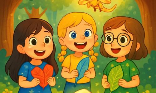 Ci sono 3 personaggi: - Luna: una ragazza di 8 anni con lunghi capelli castani e occhi scintillanti. Indossa un vestito blu con motivi di stelle e tiene una foglia rossa a forma di cuore. - Gaia: una ragazza di 8 anni con capelli biondi intrecciati e un sorriso splendente. È vestita con una maglietta gialla e pantaloni corti di jeans, e tiene una foglia blu. - Iris: una ragazza di 8 anni con capelli castani e occhiali rotondi. Indossa un vestito verde con fiori e tiene una foglia verde con venature dorate. Le tre amiche sono insieme al centro di un campo incantato, circondate da alberi maestosi con tronchi spessi e foglie scintillanti. I raggi di sole filtrano attraverso il fogliame, creando motivi luminosi sul terreno coperto di fiori colorati. Le ragazze scoprono una grande pietra brillante al centro del campo, che emette una luce dolce e calda. Sono meravigliate, con gli occhi spalancati, pronte a esprimere un desiderio insieme, mentre una lucertola luminosa con ali di farfalla fluttua sopra di loro, incoraggiandole con un sorriso amichevole.