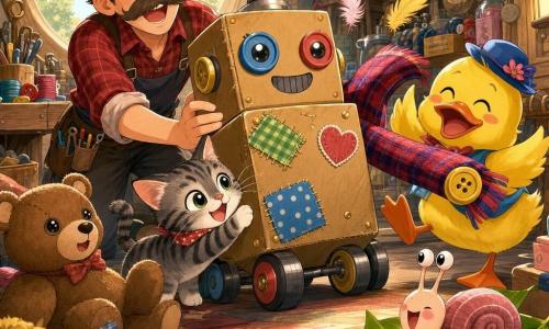 Ugo, inventore uomo gioioso e meravigliato, baffi, camicia a quadri rossa e occhiali tondi, spinge delicatamente una grande scatola-robot artigianale con una lunga sciarpa-braccio; Tina, anatra femmina gialla con piccolo cappellino blu, ride e si tiene alla destra di Ugo; Mino, gattino maschio tigrato dagli occhi rotondi, si strofina contro la scatola in basso a sinistra; Lalla, lumaca femmina rosa pallido, lenta e sorridente, scivola su una foglia in primo piano; un orsetto di peluche marrone sul tappeto vicino a Ugo guarda la macchina; ambiente: laboratorio luminoso e disordinato con tavolo di legno, attrezzi e finestra rotonda che filtra luce calda; situazione: la scatola-robot rotola e allunga la sciarpa-braccio per un abbraccio buffo, una piuma sopra solletica i personaggi, tutti ridono insieme, colori vivaci e stile manga carino con contorni netti e trame di tessuto visibili.