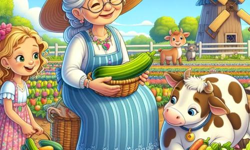 Nonna Maria, una donna anziana con i capelli grigi raccolti, indossa un grande cappello di paglia colorato e una lunga gonna blu. Sorride gentilmente, tenendo in mano una bella zucchina fresca, circondata dai suoi animali da fattoria. Accanto a lei, Sara, una bambina dai capelli biondi e ricci, brilla di gioia con un piccolo cesto pieno di ortaggi. Marco, un ragazzo dai capelli castani, osserva con curiosità una mucca, mentre impara a nutrirla. La scena si svolge in una fattoria soleggiata, con campi di ortaggi colorati, alberi da frutto in fiore e un cielo blu punteggiato di nuvole bianche. Sullo sfondo, si intravede il vecchio mulino a vento che gira dolcemente nel vento. Nonna Maria insegna ai bambini come raccogliere gli ortaggi e prendersi cura degli animali, creando un'atmosfera gioiosa ed educativa, piena di risate e scoperte.