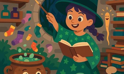Eine junge Hexe namens Lila mit violetten Zöpfen und einem grünen Kleid mit Sternmotiven lächelt verschmitzt, hält ein großes offenes Buch und schwingt ihren Zauberstab; links vorne ein alter bronzener Kessel mit gezeichneten fröhlichen Augen, aus dem bunte Socken schweben, rechts auf Schulterhöhe eine sprechende, helle Holzstab mit kleinem Gesicht, die gelbe Funken sprüht; Schauplatz: ein gemütliches Observatorium in einer Lichtung mit runden Steinwänden, Holzregalen voller bunter Fläschchen und Bücherstapeln sowie einem runden Fenster zu einem dunklen Wald mit Glühwürmchen; Stimmung fröhlich und leicht chaotisch, fliegende Socken, offene Bücher mit stummen Sprechblasen und dampfende Teetassen auf einem Holztisch; Farbpalette kräftig kontrastreich (Smaragdgrün, sanftes Violett, warmes Gold, Akzente in Rot und Blau), flacher Grafikstil, klare Formen, minimale Schatten, saubere Konturen und überzeichnete Mimik.