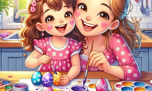 A 4-year-old girl named Lily, with curly brown hair and sparkling eyes, is painting colorful Easter eggs on a large wooden table. She is wearing a pink floral dress and has paint on her cheeks, showing her enthusiasm. Next to her, her mother, a smiling woman around 30 with long blonde hair, encourages her while holding a brush and laughing, adding patterns to a purple egg. Their kitchen is bright and welcoming, with open windows letting in sunlight, Easter decorations hanging on the walls, and paint pots scattered on the table. The scene depicts Lily and her mother creating colorful Easter eggs, filled with laughter and creativity, in a joyful and festive atmosphere.