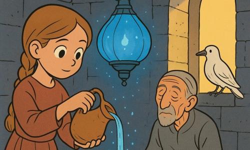 Ragazza protagonista: giovane coraggiosa e dolce, volto tondo, capelli castano chiaro in treccia, occhi grandi e sereni; versa lentamente acqua limpida da un otre di cuoio in una piccola coppa di cristallo accanto a una lampada di vetro blu. Uomo secondario: sentinella anziana di circa 70 anni, pelle rugosa, mani lunghe, abito grigio semplice, seduta vicino alla finestra tonda a destra della ragazza, guarda la lampada con gratitudine. Uccello secondario: corvo bianco appollaiato sul davanzale dietro la ragazza, piumaggio immacolato, testa rivolta verso di lei. Luogo: cima di una torre di pietra antica, stanza rotonda con muri grigi, grande finestra ad arco che lascia entrare un raggio dorato, pavimento di lastre consumate, corda e catena argentata tengono sospesa una grande lampada di vetro blu. Situazione principale: la ragazza versa l’acqua alla base della lampada blu, la luce vacilla poi si rafforza e piccole particelle luminose fluttuano nell’aria; atmosfera di calma eroica, colori caldi e blu a contrasto, tratto chiaro e forme semplici, stile adatto a bambini di 6 anni.