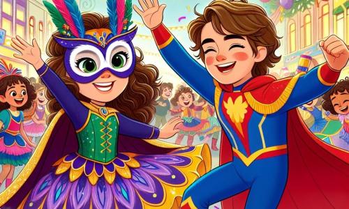 Een 10-jarig meisje, Lotte, met bruin, krullend haar, draagt een kleurrijk kostuum en een uilenmasker, straalt van vreugde en opwinding terwijl ze elegant danst op een carnavalsfeest. Naast haar staat haar beste vriend Sam, een 10-jarige jongen in een rood-blauw superheldenkostuum, die breed glimlacht en haar aanmoedigt om te dansen met zijn armen in de lucht. Op de achtergrond is een levendige straat in Zonnedorp versierd met kleurrijke slingers, zwevende ballonnen en fonkelende lichten, terwijl kinderen om hen heen lachen en spelen. De scène toont Lotte en Sam in het middelpunt van de belangstelling, omringd door muziek en gelach, en vangt de vrolijke en feestelijke geest van het carnaval.