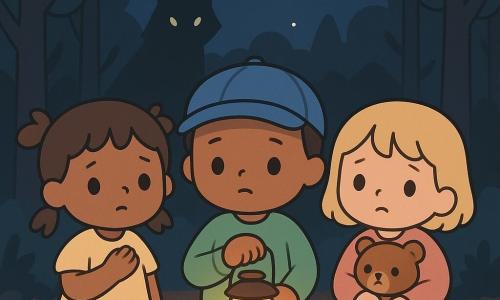 Sunt trei copii: Mara, fetiță de 4 ani, mică, părul șaten în două codițe, rochiță galben pal, ține o mână la piept; Vlad, băiat de 4 ani, șapcă albastră, pulover verde deschis, ține în față o lanternă aprinsă; Daria, fetiță de 4 ani, păr blond scurt, palton roz, strânge un ursuleț maro; sunt pe marginea unei păduri noaptea, copaci înalți cu trunchiuri gri închis și frunze verde foarte închis, sol acoperit de frunze maronii și portocalii, o casă mică la distanță cu o fereastră galbenă, cer albastru închis și lună pală; lanterna lui Vlad luminează cald fețele lor, în spate se zărește o siluetă mare de lup între copaci cu ochi sclipitori dar nu amenințători; atmosferă ușor misterioasă dar blândă, stil kawaii minimalist, culori și forme moi, contururi clare, expresii de teamă ușoară și curaj.