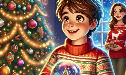 Un băiat de 8 ani, Gabi, cu părul castaniu și ochi strălucitori de curiozitate, stă în fața unui brad de Crăciun decorat cu ghirlande strălucitoare și globuri colorate. Fața lui este luminată de un zâmbet larg, exprimând o bucurie contagioasă în timp ce ține în mâini o minge de cristal strălucitoare. Lângă el, mama sa, o femeie de aproximativ 30 de ani cu părul lung și brun, poartă un pulover roșu cu un model de ren. Ea îi zâmbește cu blândețe lui Gabi, ținând o farfurie cu biscuiți de Crăciun, pregătită să-i împărtășească. Decorul este o cameră caldă, cu pereți împodobiți cu decorațiuni festive, lumini strălucitoare și o șemineu unde trosnește un foc blând. Fulgi de zăpadă cad ușor afară printr-o fereastră, adăugând o notă magică atmosferei. Situația principală îl arată pe Gabi, uimit, descoperind magia Crăciunului, pregătindu-se să atingă minge de cristal, gata să trăiască o aventură incredibilă într-o lume de basm.