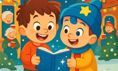 There are two main characters: Max, a 6-year-old boy with messy hair, shiny red shoes, and a big smile, holding a sparkling blue notebook; and Sam, also 6, wearing a blue hat with a yellow star, with sparkling eyes and a joyful expression, standing next to Max, looking at the notebook. The setting is a festive street illuminated by colorful lights, with gentle snowflakes covering the ground. Decorated houses surround the scene, and smiling neighbors gather to celebrate New Year's with mugs of hot chocolate. The main situation shows Max and Sam excitedly reading and sharing their New Year's resolutions in their sparkling notebook, surrounded by festive decorations and a joyful atmosphere.