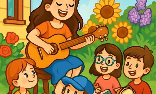 Młoda kobieta, Kasia, z długimi, falującymi brązowymi włosami i promiennym uśmiechem, siedzi na małym drewnianym stołku na urokliwym ganku. Gra na gitarze, jej oczy błyszczą radością i entuzjazmem, podczas gdy śpiewa wesołą melodię. Wokół niej grupa czterech dzieci, dwóch chłopców i dwie dziewczynki w wieku około 8-10 lat, siedzi na zielonej trawie. Pierwsza dziewczynka z rudymi warkoczami z podziwem patrzy na Kasię, podczas gdy chłopiec w niebieskiej koszulce, noszący czapkę, bije brawo w rytm muzyki. Druga dziewczynka w okularach i z promiennym uśmiechem robi notatki w małym zeszycie, a ostatni chłopiec z brązowymi włosami bawi się tamburynem, radosny i skupiony. Tło stanowi kwitnący ogród, pełen żywych kolorów: czerwonych róż, żółtych słoneczników i fioletowych bzu, z jasnoniebieskim niebem usianym kilkoma białymi, puszystymi chmurami. Scena przedstawia magiczny moment, w którym Kasia uczy dzieci, jak wspólnie tworzyć muzykę, wypełniając powietrze śmiechem i radosnymi melodiami, symbolizując przyjaźń i kreatywność.
