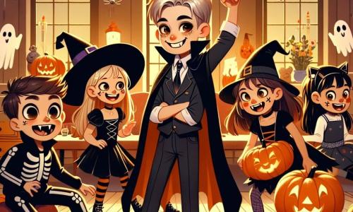 Patru prieteni se adună într-o cameră caldă decorată pentru Halloween. Andrei, un băiat de 10 ani, este îmbrăcat în vampir cu o pelerină neagră și dinți ascuțiți, stând în centru și zâmbind cu un aer curajos. La dreapta lui, Maria, o fetiță de 9 ani, poartă un costum de vrăjitoare cu o pălărie ascuțită și o rochie neagră, ridicând brațele râzând. La stânga, Radu, un băiat de 10 ani, este îmbrăcat în schelet cu machiaj alb și negru, dansând vesel. În cele din urmă, Ana, o fetiță de 8 ani, este îmbrăcată în pisicuță cu urechi și coadă, așezată lângă un dovleac mare, privindu-i pe prieteni cu uimire. Camera este plină de decorațiuni de Halloween: pânze de păianjen agățate pe pereți, fantome din hârtie suspendate de tavan și o mare bilă de cristal strălucitoare pe masă. Prietenii se distrează împreună, dansând și râzând, în timp ce o umbră misterioasă se conturează într-un colț, dezvăluind un mare motan negru care se apropie de ei, adăugând o notă de magie serii lor de Halloween.
