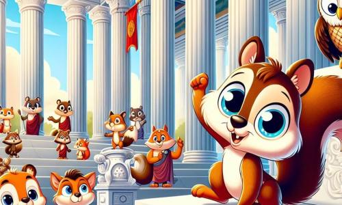 An illustration depicts a young squirrel with sparkling eyes and a bushy tail, full of curiosity and excitement, climbing onto a marble podium in a majestic building. Nearby, a wise owl with gray feathers and round glasses observes the scene seriously from a column. A cunning fox with bright orange fur stands back, squinting and listening to the whispers of other animals. The main setting is the Roman Senate, featuring large white marble columns, colorful frescoes on the walls, and a crowd of animals in togas and sandals, creating a vibrant and historical atmosphere. The main situation shows the squirrel trying to warn the other animals of a plot against a great leader, raising a paw to attract attention while the others turn to him, surprised and intrigued. Additional graphic elements include fluttering flags, autumn leaves gently falling around them, and golden light filtering through the columns, adding a magical touch to this historical scene.