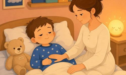 Een rustige, slaperige jongen van 4 jaar met halfgesloten ogen en zachte glimlach, korte bruine haren, blauwe pyjama met sterretjes, liggend in bed met één hand op zijn buik om rustig te ademen; zijn moeder (ongeveer 30), vriendelijk en sereen, kastanjebruin haar in een knot, eenvoudige roomkleurige jurk, zittend rechts op de rand van het bed met haar hand zacht op zijn buik; beige pluchen beer met donzige vacht en zichtbaar label links tegen het kussen; kleine, warme slaapkamer met perzikkleurige muren, ronde nachtlamp die warm geel-oranje licht geeft, gebroken wit, dikke deken als een wolk, lage plank met enkele boeken en een klein groen plantje; sfeer van ontspannen bedtijd: gedimd licht, eenvoudige silhouetten, rustige, geruststellende pastelkleuren en compositie gecentreerd op het kind en zijn moeder.