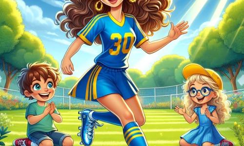 Sofia, una giovane donna atletica con lunghi capelli ricci e un sorriso radioso, sta dribblando un pallone da calcio su un campo verde. Indossa un completo da calcio blu con strisce gialle e scarpe brillanti, mostrando un'espressione di gioia e determinazione. Marco, un ragazzo di 8 anni con occhiali e un cappellino giallo, è seduto sull'erba, con gli occhi spalancati per l'ammirazione, mentre applaude Sofia. Accanto a lui, Giulia, una ragazza di 7 anni con capelli biondi ricci, sorride e lo incoraggia alzando le braccia, impaziente di giocare. Il luogo è un incantevole campo da calcio all'aperto, circondato da alberi verdi e fiori colorati, sotto un cielo blu chiaro. I raggi di sole illuminano la scena, creando un'atmosfera gioiosa e amichevole. La situazione principale mostra Sofia che insegna ai bambini come dribblare il pallone, mentre ridono e si divertono insieme, condividendo la loro passione per il calcio e creando ricordi indimenticabili.