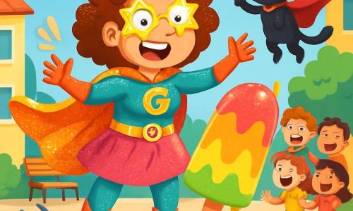 Super Goffa, una donna eroica con un mantello scintillante e un costume colorato che brilla sotto il sole, si trova al centro della scena con un'espressione determinata ma comica, gli occhi spalancati e un grande sorriso. Ha capelli ricci e occhiali a forma di stella che scivolano sul naso. Accanto a lei, Tofu, il suo supergatto, è un gatto nero con un piccolo mantello rosso, con le zampe in aria, mentre fluttua nell'aria, sorpreso e divertito. Sullo sfondo, un gruppo di bambini di circa 7-10 anni osserva la scena con espressioni di gioia e meraviglia, alcuni ridendo e altri indicando il gelato gigante. La scena si svolge in una piazza animata, circondata da edifici colorati, alberi verdi e panchine di legno. Al centro, un enorme gelato multicolore si scioglie, creando un ruscello di gelato che scorre sul pavimento, mentre i piccioni si agitano intorno. Super Goffa cerca disperatamente di salvare la situazione usando i suoi poteri comici per fermare il gelato che trabocca, ma finisce per far volare i cappelli dei passanti, aggiungendo un tocco di caos esilarante a questa scena colorata.