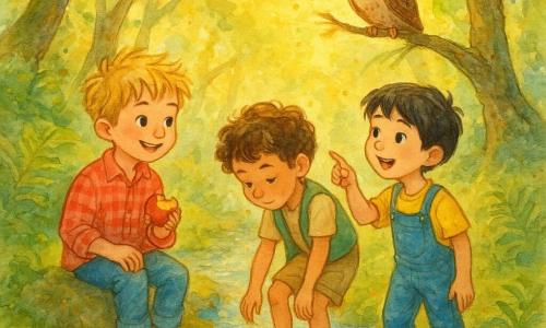 Three boys in a golden sunlit clearing in the Whispering Forest: an ~8-year-old blond boy in a red plaid shirt sitting on a rock by a stream holding half an apple and smiling left, a ~7-year-old curly brown-haired boy in a green vest and beige shorts standing center with feet in the water leaning to listen to the stream, and an ~8-year-old straight black-haired boy in a yellow tee and denim overalls on the right pointing at a small owl on a branch above; emerald ferns, soft moss, twisted lichen-covered trunks, shafts of light, a clear sparkling stream with translucent splashes, pastel saturated colors with gold accents, watercolor texture and controlled splatters suggesting movement.