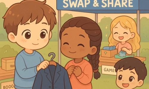A 10-year-old boy with a round face, bright eyes and tousled short brown hair gently offers a navy jacket on a hanger to a 10-year-old girl (Amina) with caramel skin and neat braids who clutches it with a relieved smile; nearby a 10-year-old boy (Leo) with short black hair holds a soccer ball by a table while a 10-year-old girl (Sofia) with sparkly blonde hair laughs arranging puzzles; spring schoolyard at dusk with a blue "Swap & Share" tent, wooden tables labeled Books, Clothes, Games, string lights, pastel chibi kawaii style, warm late-afternoon light and soft textures, small details like stickers on boxes and a handwritten "Take what you need" tag.