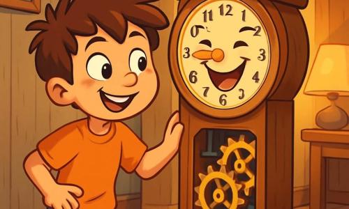 An 8-year-old boy, Max, with tousled brown hair and sparkling curious eyes, stands in front of an old wooden clock. He has a mischievous smile and looks amazed, with one hand resting on the back of the clock, as if he has just discovered a secret. Next to him, the clock, with a smiling face and golden hands, seems to laugh joyfully, its gears visible at the back, as if they are playing a prank. The setting is a cozy hallway, with weathered wooden walls, family photos hanging, and a colorful rug adding a touch of comfort. The soft light from a lamp illuminates the scene, creating a welcoming atmosphere. The main situation shows Max discovering that the clock can laugh, as he tries to adjust its gears so it doesn't laugh at the wrong time. The look of surprise and joy on his face, mixed with the clock's amusement, creates a playful and magical atmosphere.