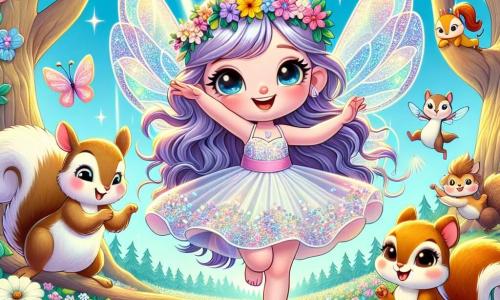 Uma pequena fada chamada Lila, com asas brilhantes como estrelas, dança alegremente em um campo de flores coloridas, seu rosto radiante de felicidade. Ela tem longos cabelos ondulados de cor violeta e usa um vestido feito de pétalas de flores. Perto dela, um grupo de pequenos animais a cerca: um coelhinho travesso com grandes orelhas, um esquilo de olhos brilhantes e um pássaro de penas vibrantes. O coelho, com seu pelo branco e macio, salta no ritmo, enquanto o esquilo, com sua cauda espessa, aplaude com suas pequenas patas. O pássaro, empoleirado em um galho, canta alegremente. O local é uma linda floresta encantada, cheia de grandes árvores com troncos retorcidos e flores multicoloridas que florescem sob um céu azul claro. Raios de sol filtram através das folhas, criando brilhos de luz no ar. A cena principal mostra Lila organizando uma festa alegre para devolver o sorriso às flores tristes, cercada por seus amigos animais que dançam e cantam com ela, preenchendo o ar com risos e música.