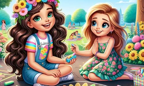 O fetiță de 10 ani, Anca, cu părul lung și creț, purtând un tricou colorat și o pereche de pantaloni scurți, stă pe jos într-un parc însorit, înconjurată de flori strălucitoare. Fața ei radiază bucurie și entuziasm în timp ce desenează cu crete colorate pe asfalt, creând o mare pictură colorată. Lângă ea, cea mai bună prietenă a ei, Irina, tot de 10 ani, cu părul drept și o rochie cu flori, o observă zâmbind admirativ, ținând o cutie de crete în mâini. În fundal, parcă plin de copaci verzi, se aud râsete de copii jucându-se și familii care fac picnic pe iarbă. Situația principală arată cum Anca și Irina creează împreună o operă de artă veselă, ilustrând spiritul verii și al prieteniei.
