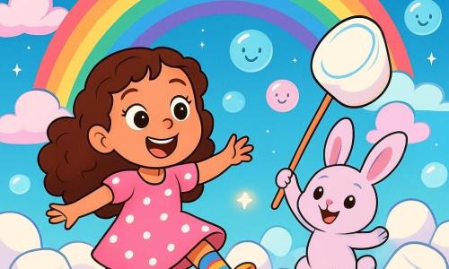 A 4-year-old girl named Bella, with long curly hair and sparkling joyful eyes, gleefully slides down a mountain of fluffy marshmallows, a big smile lighting up her face. She wears a pink polka dot dress and colorful striped socks. Next to her is an adorable little character named Mallow, a creature with fluffy large ears and pastel fur, jumping with excitement, his eyes shining as he holds a large marshmallow-shaped net to catch laughing bubbles. The setting is a whimsical landscape with a starry sky filled with candy clouds and a mountain of marshmallows rising under a shimmering rainbow. Bright bubbles float around, emitting soft, joyful laughter. The scene depicts Bella and Mallow in a bubble-catching adventure, surrounded by giant marshmallows, with bursts of light and vivid colors adding a magical and playful atmosphere to this fantastic adventure.