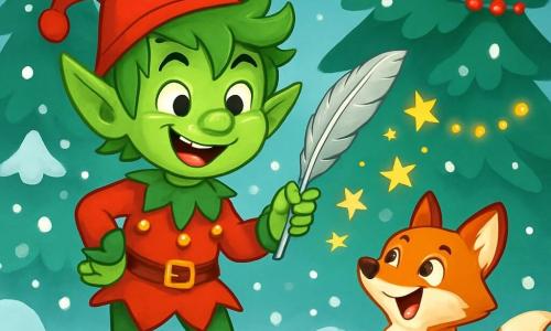 A small mischievous elf with tousled hair and bright green skin mischievously smiles with sparkling eyes. He wears a red pointed hat and a tunic adorned with shimmering bells, holding a silver feather in one hand, ready to play a trick. Next to him, a curious red fox with bright eyes and a bushy tail observes the scene with a mix of wonder and amusement. Sitting on its hind legs with ears perked up, it's ready to laugh at the elf's antics. The setting is an enchanted forest, where snowflakes gently fall, covering the ground with a sparkling white carpet. Majestic fir trees, decorated with garlands of red berries and twinkling lights, surround the elf and the fox, creating a festive and magical atmosphere. The main scene shows the elf conjuring sparkling stars in the air with his feather, while the fox bursts into laughter, captivated by the magic and joy of Christmas around them.