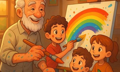 A retired artist with a wrinkled face and white foamy beard, laughing eyes and a warm expression, paint-stained hands holding a large brush painting a vivid rainbow on a canvas; an about 8-year-old boy (Tommy) with curly brown hair and a paint smudge on his cheek stands beside him, smiling and adding a touch of yellow; three other children (6–10), boys and girls, laughing and focused, hold brushes or palettes adding colorful touches around the large painting in a semicircle; interior: a cozy studio-cottage with wooden floor, large windows letting in golden evening light, walls filled with saturated paintings and scattered paint jars and rags, a big wooden table with paint tubes; scene: a joyful communal moment of the man and children painting together a bright rainbow canvas, paint dust and splashes visible, friendly creative atmosphere.