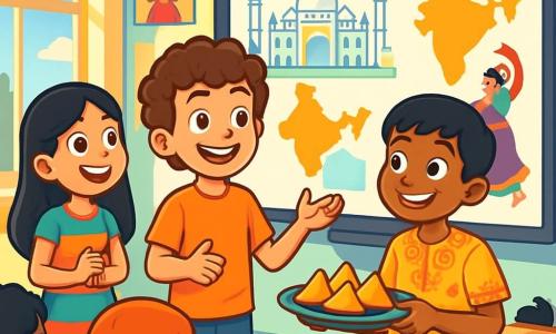 Een 12-jarig meisje met krullend bruin haar en sprankelende nieuwsgierige ogen staat in het midden van het podium met een grote glimlach terwijl ze een schoolproject over India presenteert. Rechts van haar staat een 12-jarig meisje met lang zwart haar in een kleurrijke jurk dat enthousiast naar een presentatiebeeld kijkt, met glinsterende ogen van opwinding. Links van haar staat een 12-jarige jongen van Indiase afkomst met een karamelkleurige huid en een t-shirt met traditionele patronen, die een bord met samosa's vasthoudt, klaar om deze met zijn klasgenoten te delen. De scène speelt zich af in een lichte klaslokaal, versierd met kleurrijke posters van verschillende culturen, met ramen die zonlicht binnenlaten en houten tafels waarop leerlingen zitten, gebiologeerd door de presentatie. De hoofdactie toont het trio dat hun passie voor culturele diversiteit deelt, omringd door aandachtige klasgenoten, terwijl ze typische gerechten en traditionele dansen presenteren, wat een vrolijke en feestelijke sfeer creëert.
