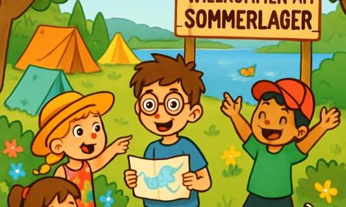 Es gibt 4 Kinder: - Leon: ein 9-jähriger Junge mit zerzausten braunen Haaren und runden Brillen. Er trägt ein blaues T-Shirt und eine beigen Shorts. Er steht in der Mitte, lächelnd, mit einem Papierplan in der Hand. - Mia: ein 9-jähriges Mädchen mit geflochtenen blonden Haaren und einem Strohhut. Sie trägt ein buntes Blumenkleid. Sie steht leicht links von Leon und zeigt begeistert auf den See. - Yusuf: ein 9-jähriger Junge mit schwarzen Haaren und einer roten Mütze. Er trägt ein grünes T-Shirt und schwarze Shorts. Er steht rechts von Leon und springt vor Freude mit erhobenen Armen. - Emma: ein 6-jähriges Mädchen mit kastanienbraunen Haaren und Zöpfen. Sie trägt ein rosa T-Shirt und eine Jeansshorts. Sie sitzt auf einer Holzbank neben Mia und spielt mit einem kleinen Spielzeug. Der Ort ist ein Sommerlager in der Natur, umgeben von großen grünen Bäumen und bunten Blumen. Im Hintergrund funkelt ein blauer See in der Sonne, mit Enten, die friedlich schwimmen. Bunte Zelte sind verstreut, und ein großes Holzschild zeigt "Willkommen im Sommerlager". Die Hauptsituation zeigt die Kinder, die begeistert über ihre bevorstehenden Aktivitäten diskutieren, mit leuchtenden Augen voller Aufregung. Sie planen, gemeinsam ein Floß zu bauen, umgeben von der Schönheit der Natur.