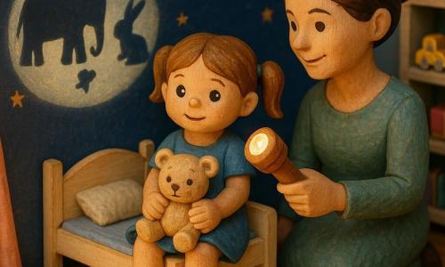 Niña de 4 años, figura de madera pintada, rostro redondo, cabello castaño claro en coletas, expresión curiosa y algo tranquila, ojos brillantes, vestida con un pequeño vestido azul y sentada en una mini cama sosteniendo un osito de peluche beige; madre de unos 30 años, figura de madera pintada con cabello castaño recogido y sonrisa suave, de pie junto a la cama sosteniendo una pequeña linterna de madera que proyecta en la pared de fondo sombras de animales (elefante y conejo) mientras la niña mira asombrada; ambiente cálido y acogedor con luz cálida de la linterna, diorama realista de madera y tela con texturas visibles, pared azul noche con estrellas doradas, cortina rosa, alfombra crema y estantería con juguetes, colores pastel, composición centrada y ligero ángulo en picado.